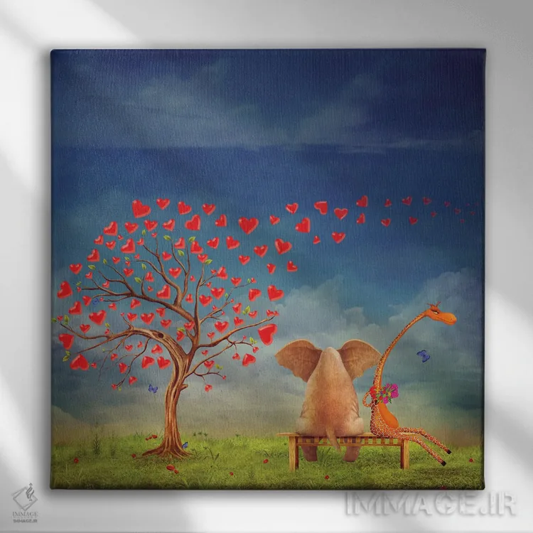 تابلو دیدار فیل و زرافه اثر ناتامک - نمای روبهرو روی دیوار