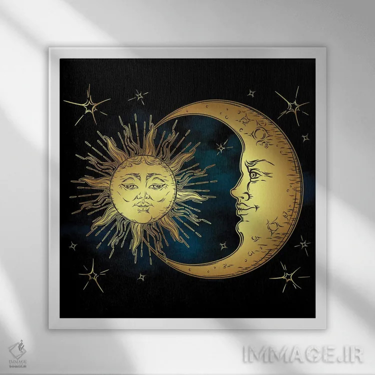 تابلو خورشید طلایی، هلال ماه و ستارهها بر فراز آسمان آبیسیاه اثر کرویزی - نمای قابدار سفید