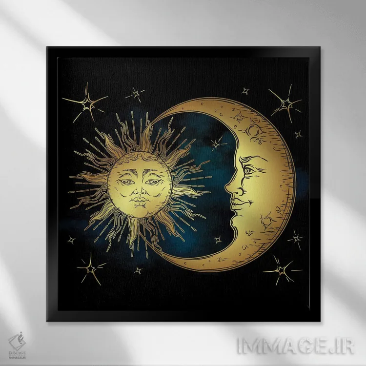 تابلو خورشید طلایی، هلال ماه و ستارهها بر فراز آسمان آبیسیاه اثر کرویزی - نمای قابدار مشکی