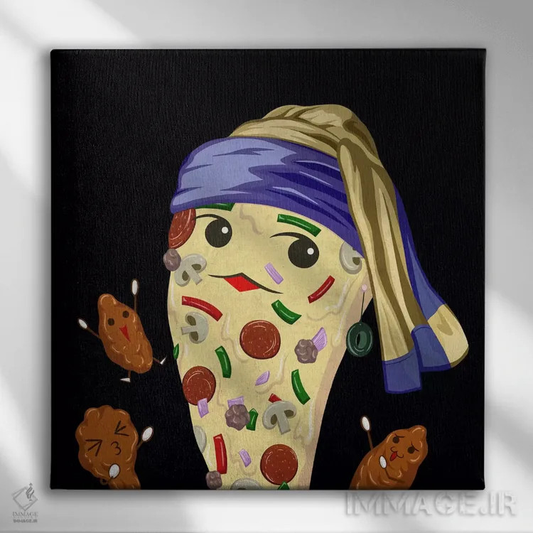 تابلو دختر پیتزایی با گوشوارهٔ زیتون اثر فایو بای فایو کالکتیو - نمای روبهرو روی دیوار