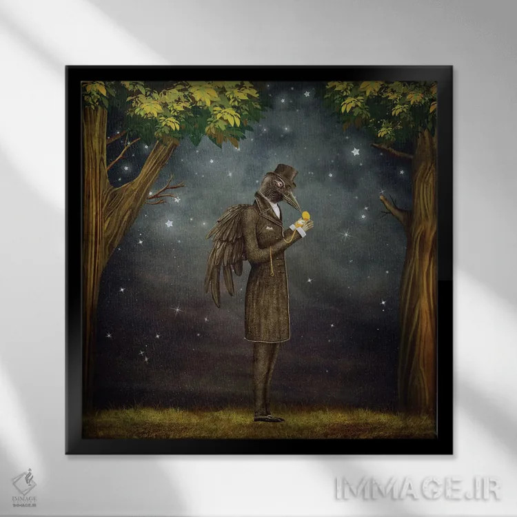 تابلو کلاغ در جنگل تاریک که به ساعت نگاه میکند اثر ناتامک - نمای قابدار مشکی