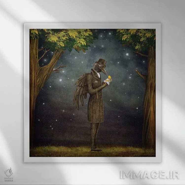 تابلو کلاغ در جنگل تاریک که به ساعت نگاه میکند اثر ناتامک - نمای قابدار سفید