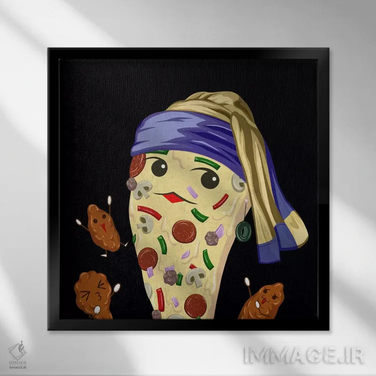 تابلو دختر پیتزایی با گوشوارهٔ زیتون اثر فایو بای فایو کالکتیو - نمای قابدار مشکی