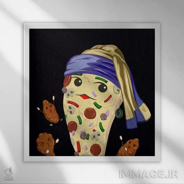 تابلو دختر پیتزایی با گوشوارهٔ زیتون اثر فایو بای فایو کالکتیو - نمای قابدار سفید