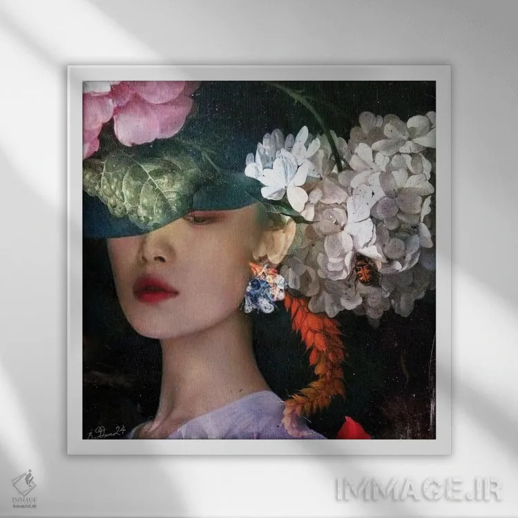 تابلو بانویی با یاس سفید اثر دومینیک بادوئل - نمای قابدار سفید