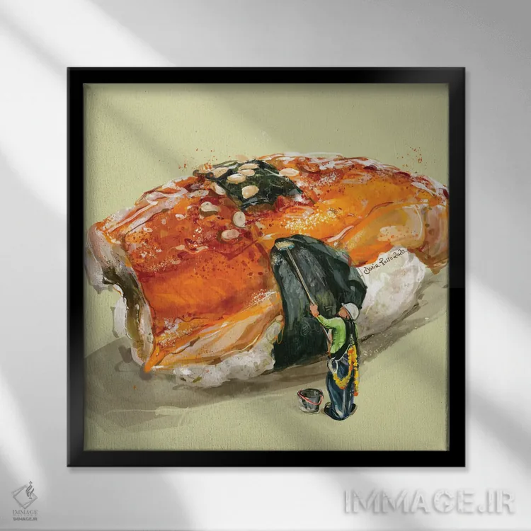 تابلو در حال تهیهٔ ماکی (رول سوشی) اثر داریا روسو - نمای قابدار مشکی