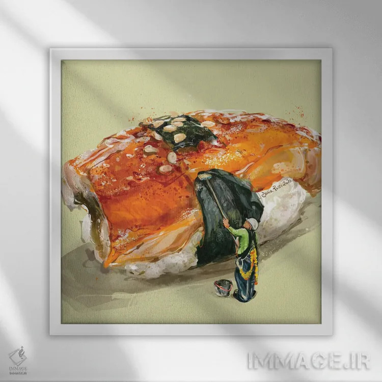 تابلو در حال تهیهٔ ماکی (رول سوشی) اثر داریا روسو - نمای قابدار سفید