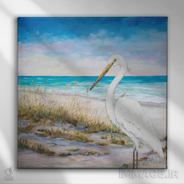 تابلو پرنده اگرت در ساحل اثر جولی دریسه - نمای روبهرو روی دیوار