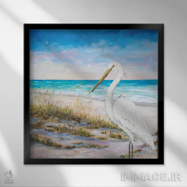 تابلو پرنده اگرت در ساحل اثر جولی دریسه - نمای قابدار مشکی
