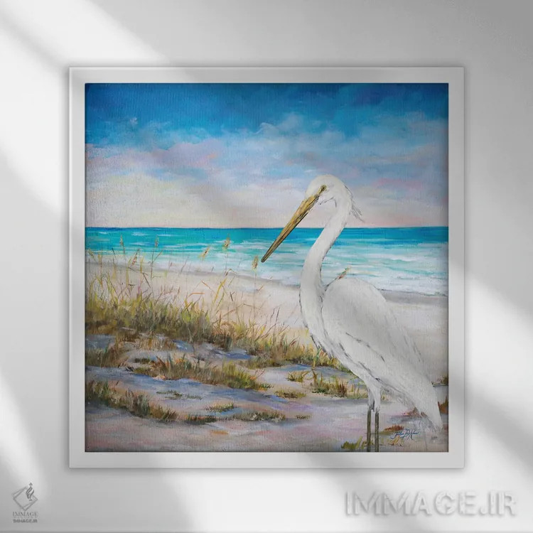 تابلو پرنده اگرت در ساحل اثر جولی دریسه - نمای قابدار سفید