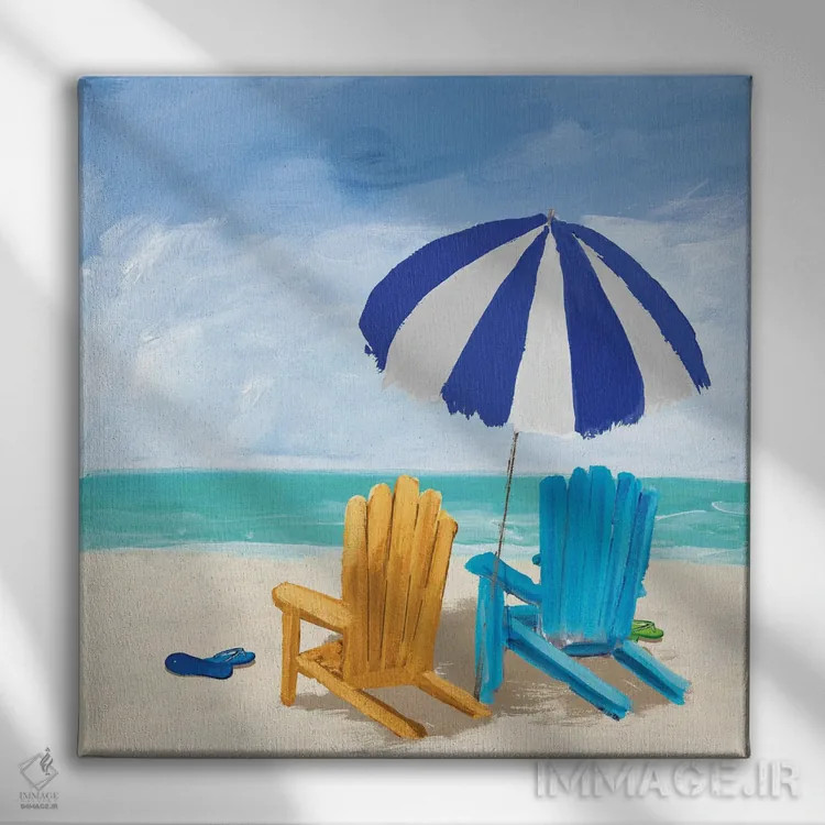 تابلو صندلیهای ساحلی با چتر اثر جولی دریسه - نمای روبهرو روی دیوار
