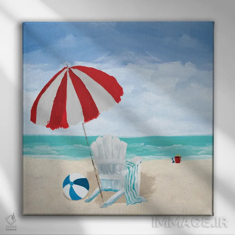 تابلو صندلی ساحلی با چتر اثر جولی دریسه - نمای روبهرو روی دیوار