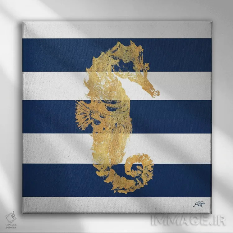 تابلو اسب دریایی طلایی روی نوارها I اثر جولی دریسه - نمای روبهرو روی دیوار