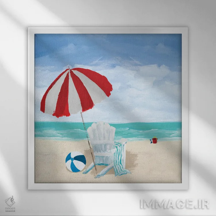 تابلو صندلی ساحلی با چتر اثر جولی دریسه - نمای قابدار سفید