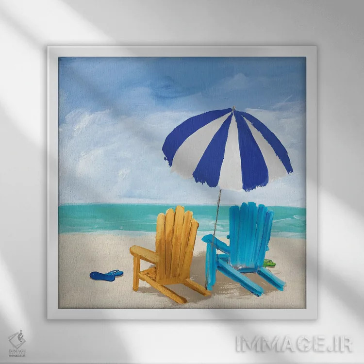 تابلو صندلیهای ساحلی با چتر اثر جولی دریسه - نمای قابدار سفید