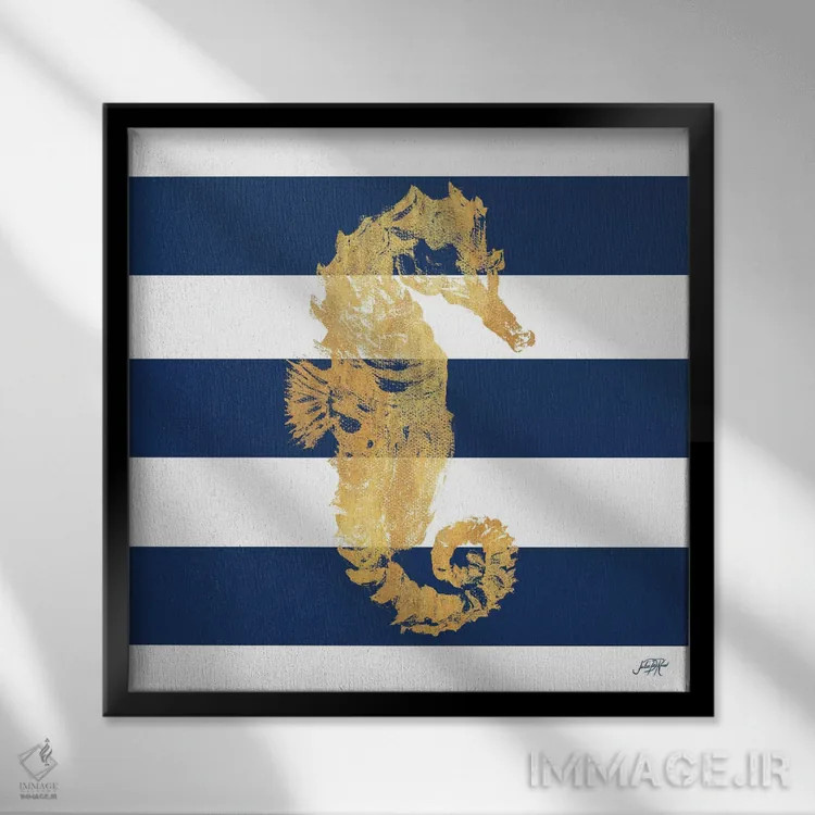 تابلو اسب دریایی طلایی روی نوارها I اثر جولی دریسه - نمای قابدار مشکی