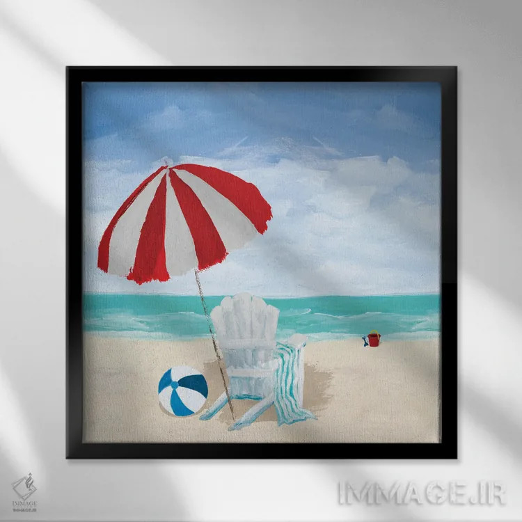 تابلو صندلی ساحلی با چتر اثر جولی دریسه - نمای قابدار مشکی