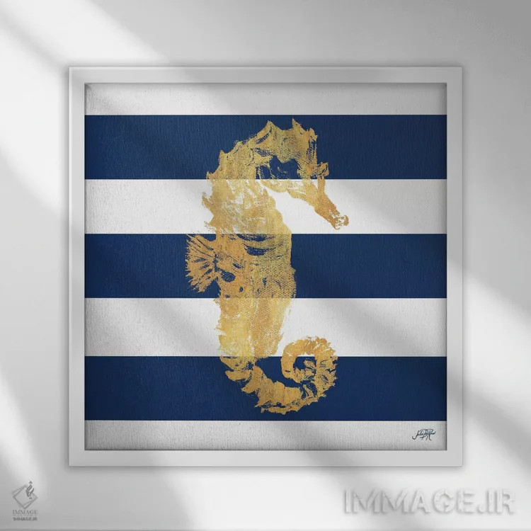 تابلو اسب دریایی طلایی روی نوارها I اثر جولی دریسه - نمای قابدار سفید