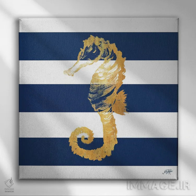 تابلو اسب دریایی طلایی روی نوارها II اثر جولی دریسه - نمای روبهرو روی دیوار
