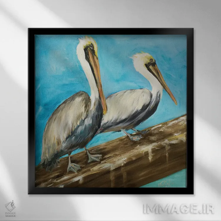 تابلو دو پلیکان روی نرده اسکله اثر جولی دریسه - نمای قابدار مشکی