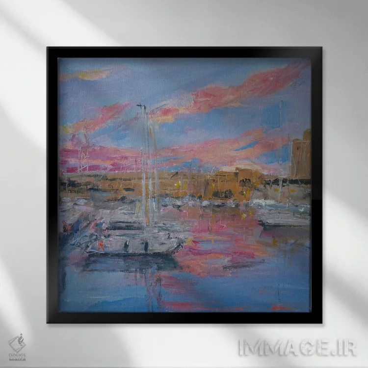 تابلو باشگاه قایقرانی ایتالیا جنوا هنگام غروب اثر باورا آسهوا - نمای قابدار مشکی