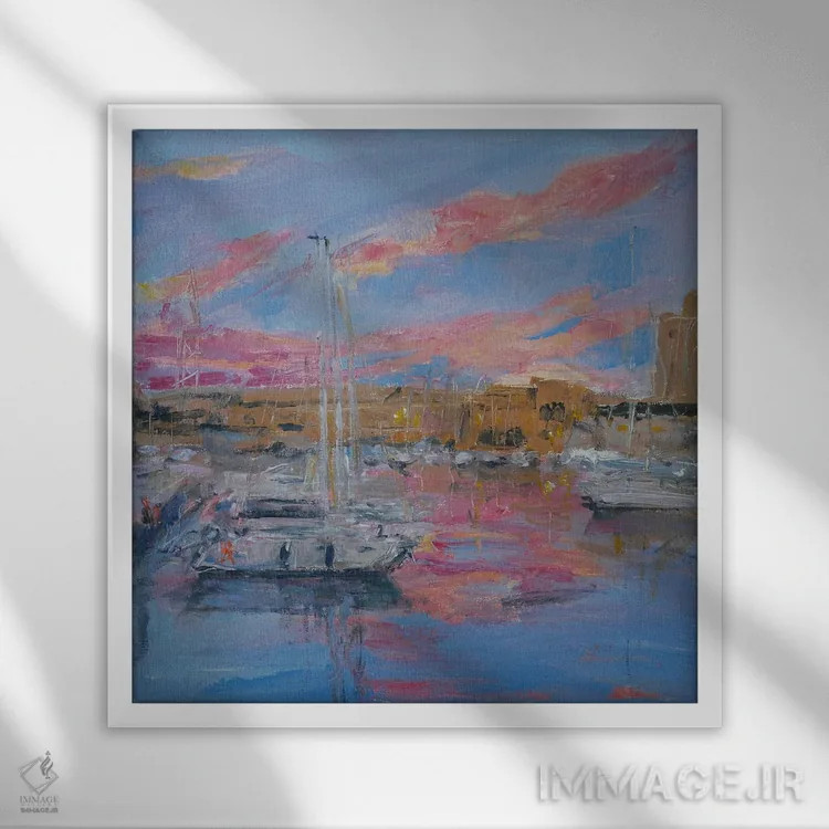 تابلو باشگاه قایقرانی ایتالیا جنوا هنگام غروب اثر باورا آسهوا - نمای قابدار سفید