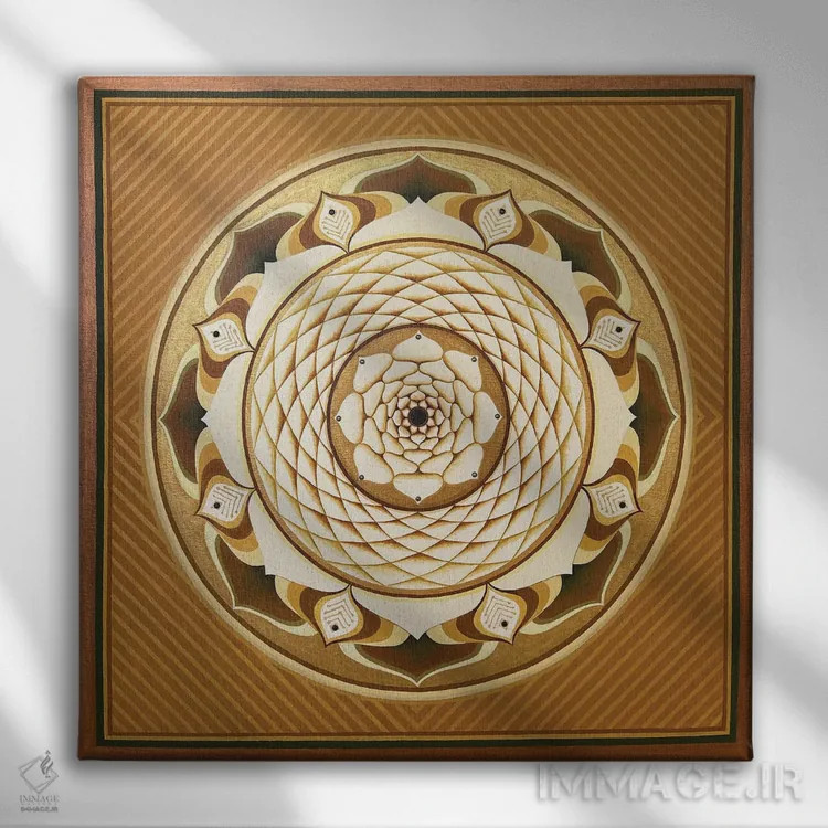 تابلو مندالای لوتوس طلایی بازشونده اثر دیانا تیتووا - نمای روبهرو روی دیوار