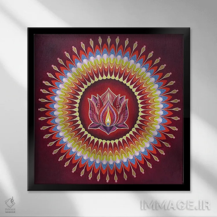تابلو مندالای لوتوس قرمز اثر دیانا تیتووا - نمای قابدار مشکی
