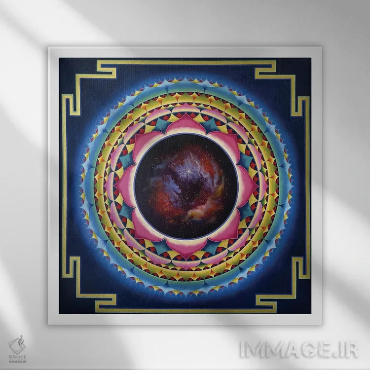 تابلو مندالای گل کیهانی اثر دیانا تیتووا - نمای قابدار سفید