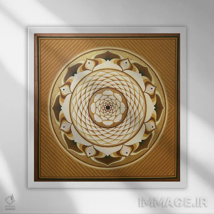 تابلو مندالای لوتوس طلایی بازشونده اثر دیانا تیتووا - نمای قابدار سفید