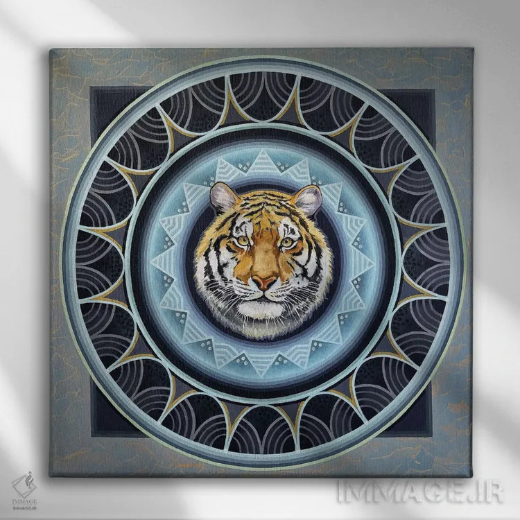 تابلو مندالای ببر سیبری اثر دیانا تیتووا - نمای روبهرو روی دیوار