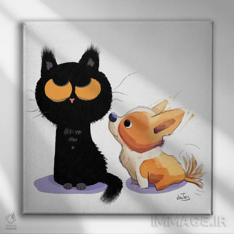 تابلو کورگی و گربه اثر دن تاویس - نمای روبهرو روی دیوار