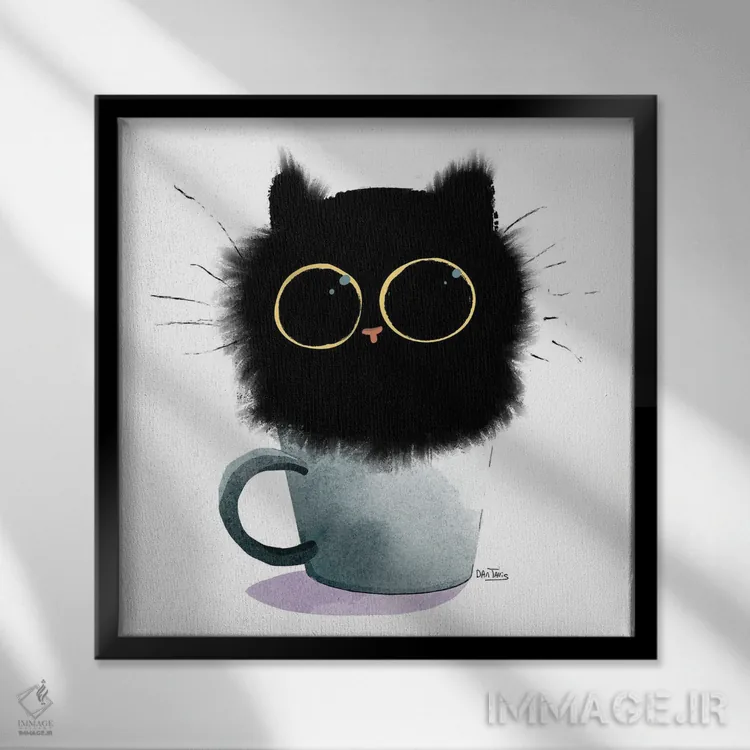 تابلو گربه در قهوه اثر دن تاویس - نمای قابدار مشکی