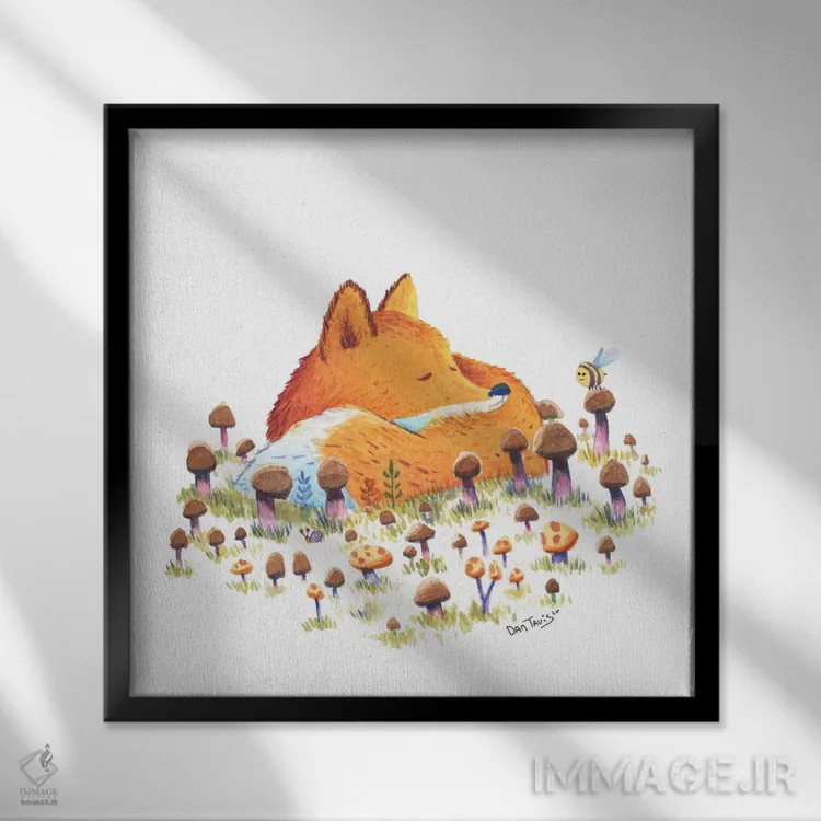 تابلو روباه و قارچها اثر دن تاویس - نمای قابدار مشکی
