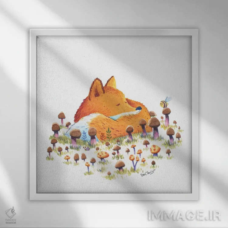 تابلو روباه و قارچها اثر دن تاویس - نمای قابدار سفید