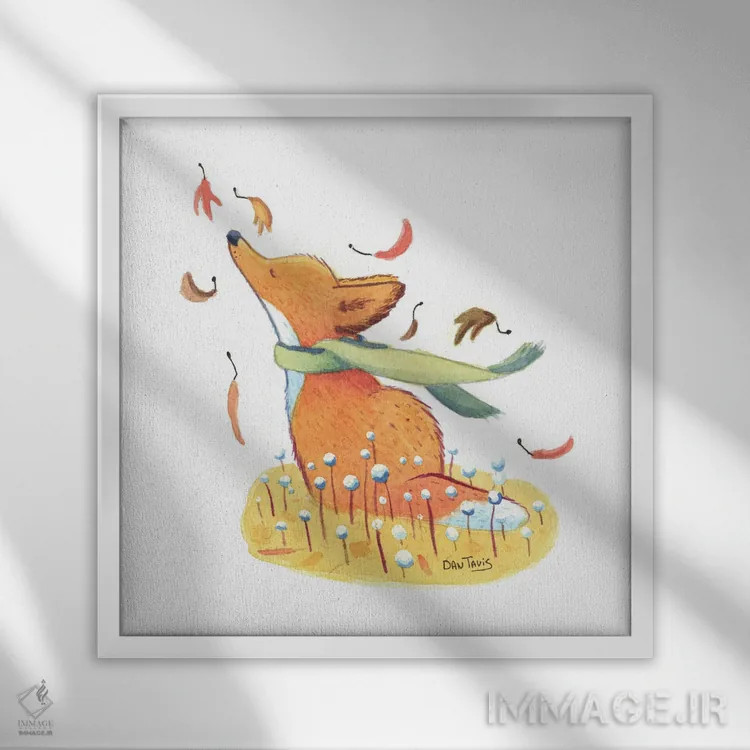 تابلو روباه و برگهای در حال ریزش اثر دن تاویس - نمای قابدار سفید