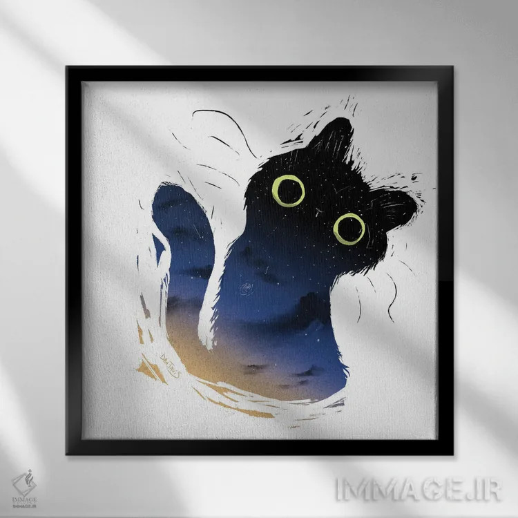 تابلو گربه کهکشانی اثر دن تاویس - نمای قابدار مشکی