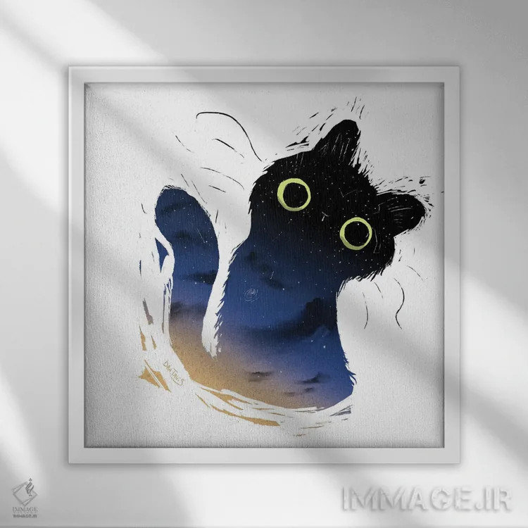 تابلو گربه کهکشانی اثر دن تاویس - نمای قابدار سفید