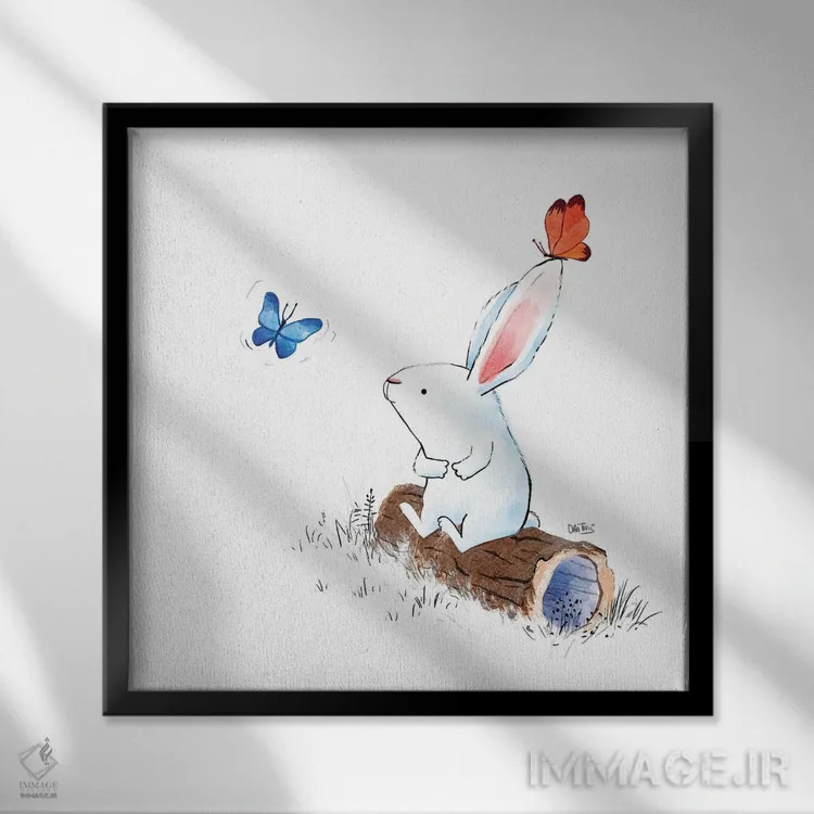 تابلو خرگوش و دو پروانه اثر دن تاویس - نمای قابدار مشکی