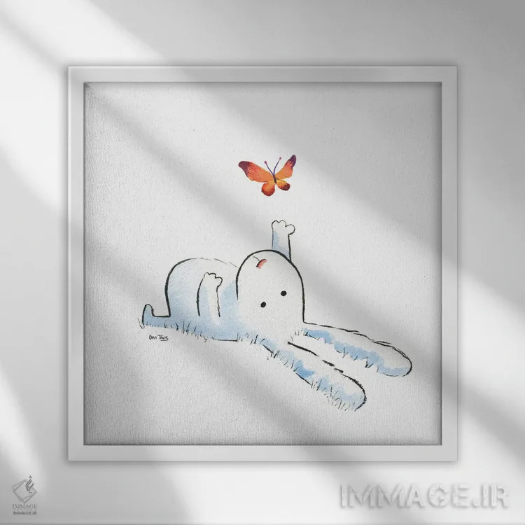 تابلو خرگوش و پروانه اثر دن تاویس - نمای قابدار سفید
