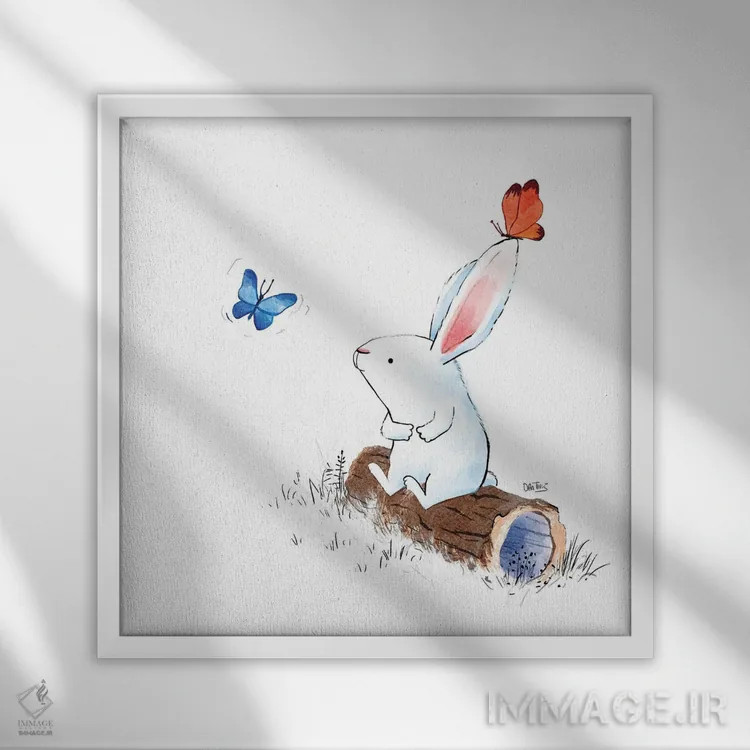تابلو خرگوش و دو پروانه اثر دن تاویس - نمای قابدار سفید