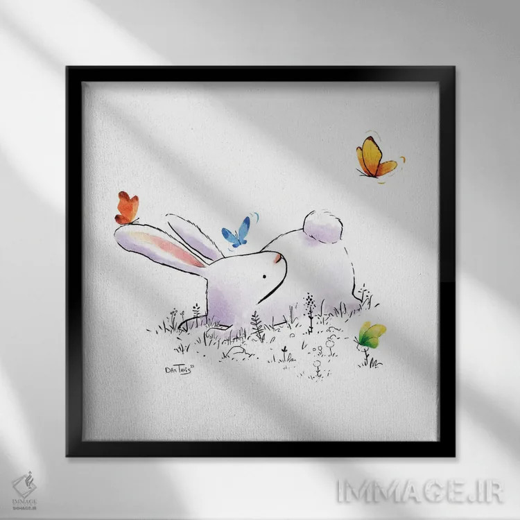 تابلو خرگوش و چهار پروانه اثر دن تاویس - نمای قابدار مشکی