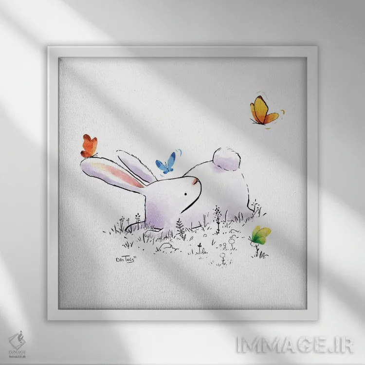 تابلو خرگوش و چهار پروانه اثر دن تاویس - نمای قابدار سفید