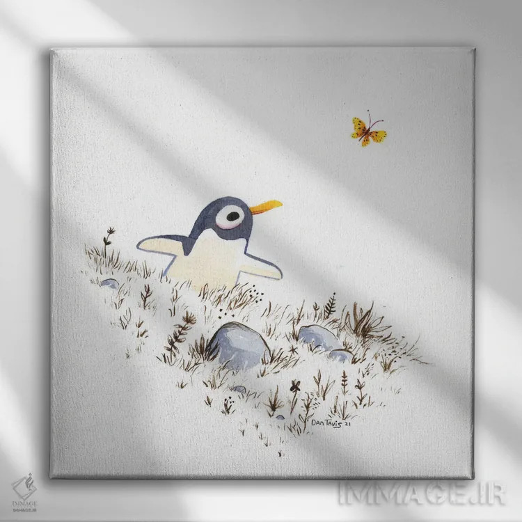 تابلو پنگوئن و پروانه اثر دن تاویس - نمای روبهرو روی دیوار