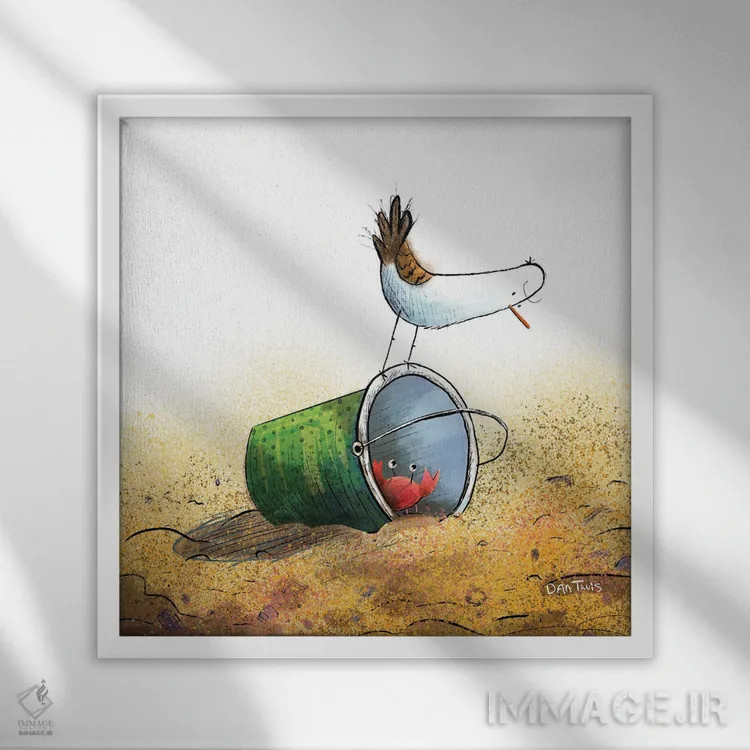 تابلو مرغ دریایی و خرچنگ اثر دن تاویس - نمای قابدار سفید