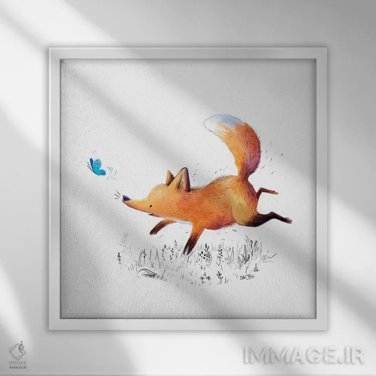 تابلو روباه و پروانه اثر دن تاویس - نمای قابدار سفید