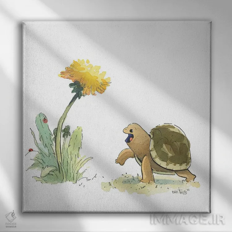 تابلو لاکپشت بامزه و قاصدک اثر دن تاویس - نمای روبهرو روی دیوار