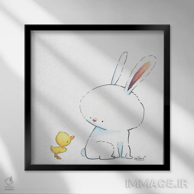تابلو خرگوش و اردک اثر دن تاویس - نمای قابدار مشکی