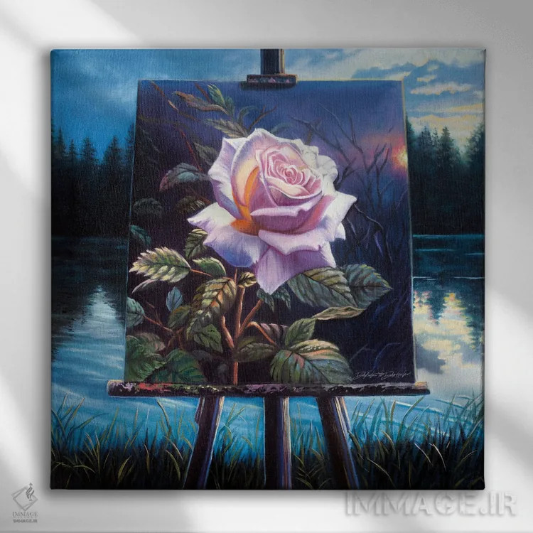 تابلو نقاشی گل رز در کنار دریاچه اثر دکوتا دیتویلر - نمای روبهرو روی دیوار