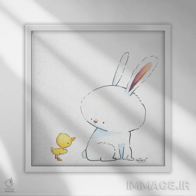 تابلو خرگوش و اردک اثر دن تاویس - نمای قابدار سفید